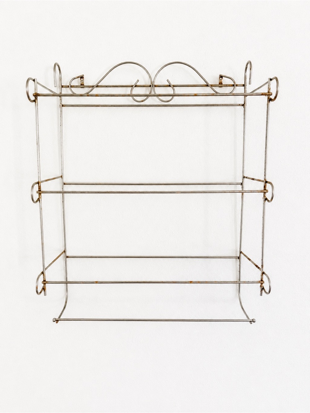 Vintage MCM Two Tier Silver Metal Wire Wall Hanging Rack SHELF Scroll Top 25x20
